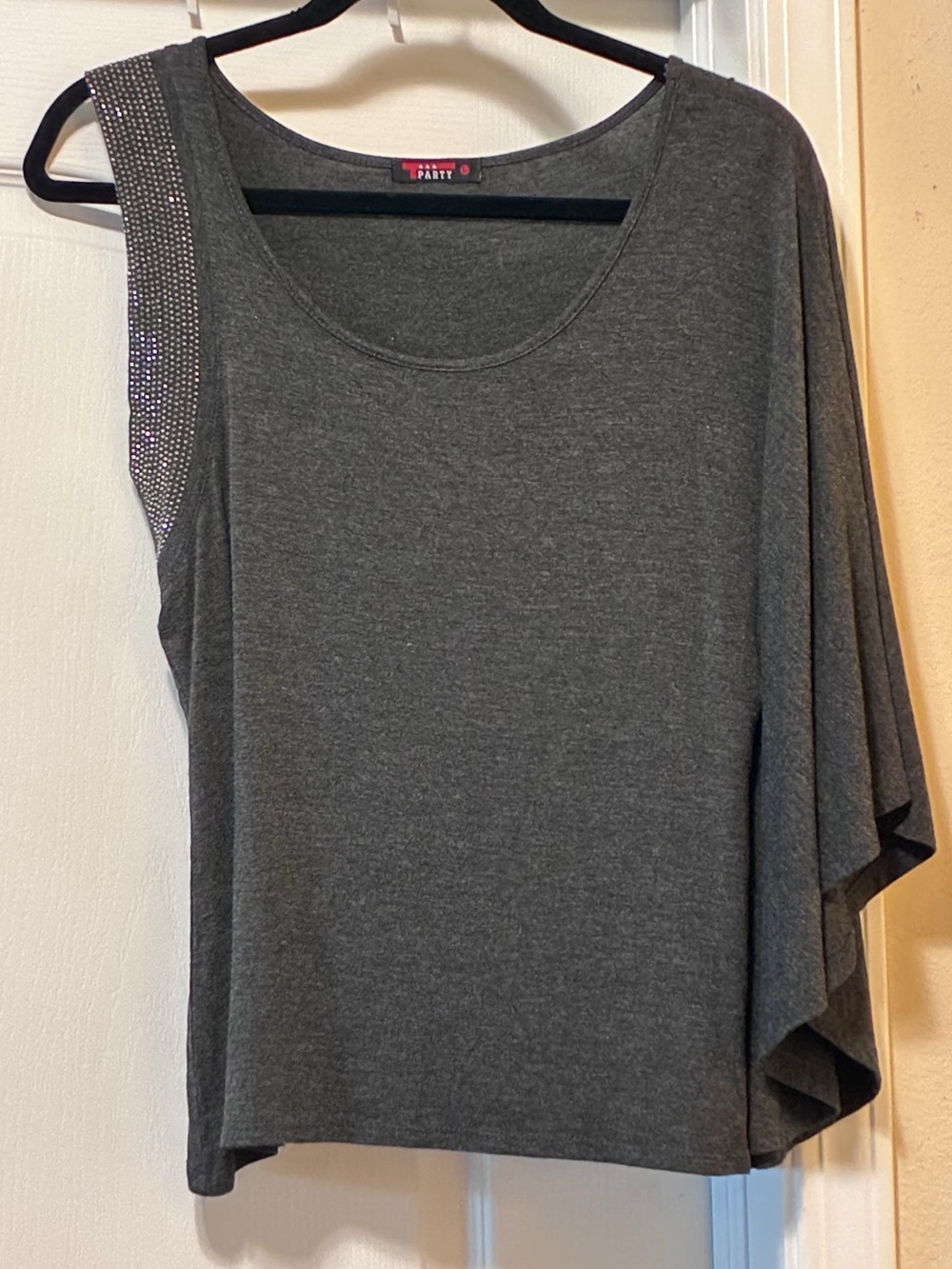 T Party Fashion Rhinestone Asymmetric One Shoulder Charcoal Gray Top - Adult L
